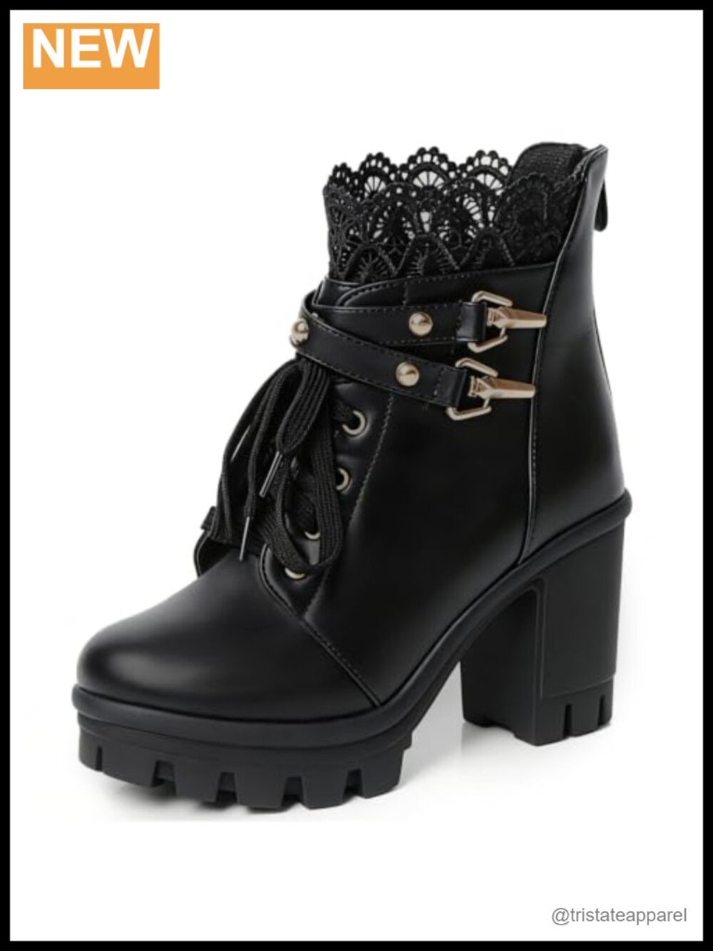 Goth Combat Boots Chunky Heel Ankle Booties with Buckle Rivets Zipper for Women